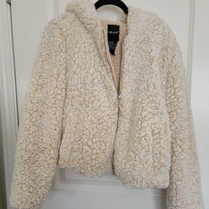 Faux Shearling Teddy Jacket Cream/Tan Oversize, hooded Full Zip, Pockets Sz XL